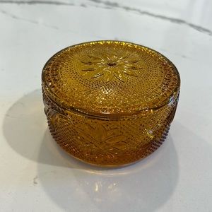 Vintage Tiara Amber Glass Sandwich Pattern Powder Jar Trinket Box W Cover Lid